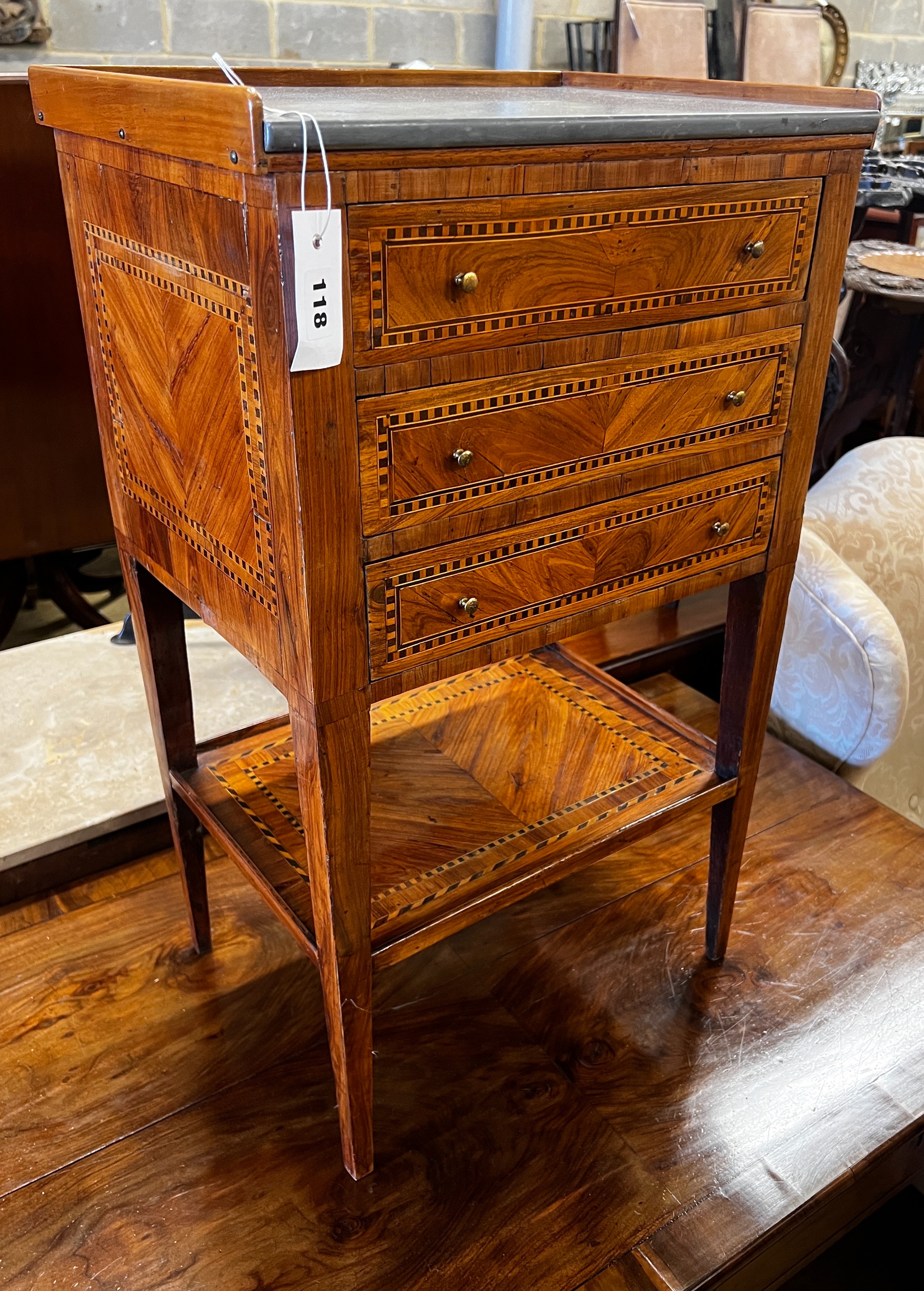 A 19th century French parquetry inlaid kingwood marble top bedside chest, width 43cm, depth 32cm, height 73cm